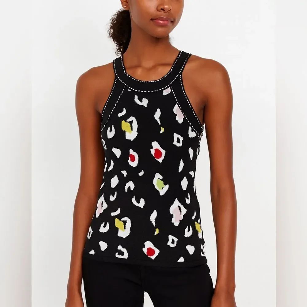 Caché Vintage Black Leopard Print Knit Tank Top Contrast Stitching Size M
